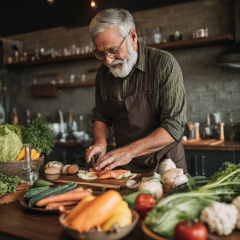 Дорослий чоловік середнього віку готує збалансований обід з овочами та здоровими інгредієнтами на кухні