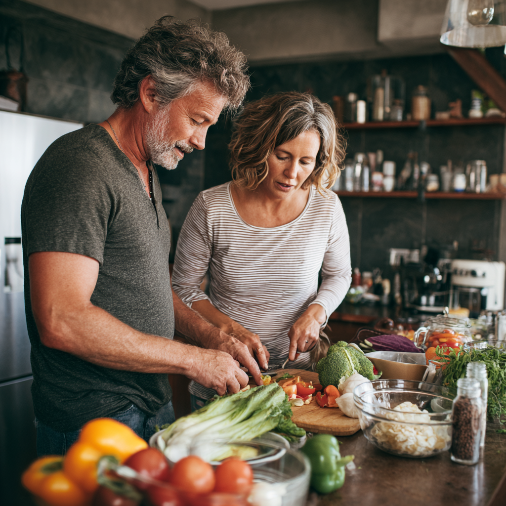 Сімейна пара середнього віку готує здорову страву разом на кухні, використовуючи план харчування vaskenid